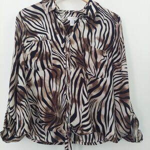 Chicos 2 Tie Front Blouse Top Zebra Size L XL Long Sleeve V Neck
